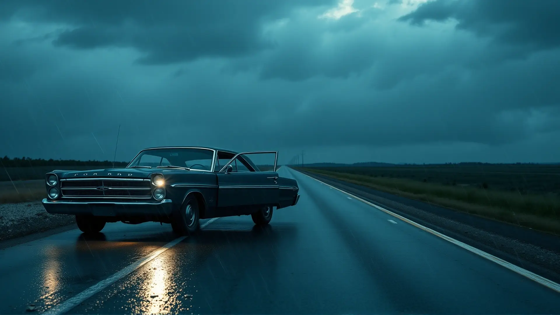 Coche abandonado, fantasma esperando en la lluvia