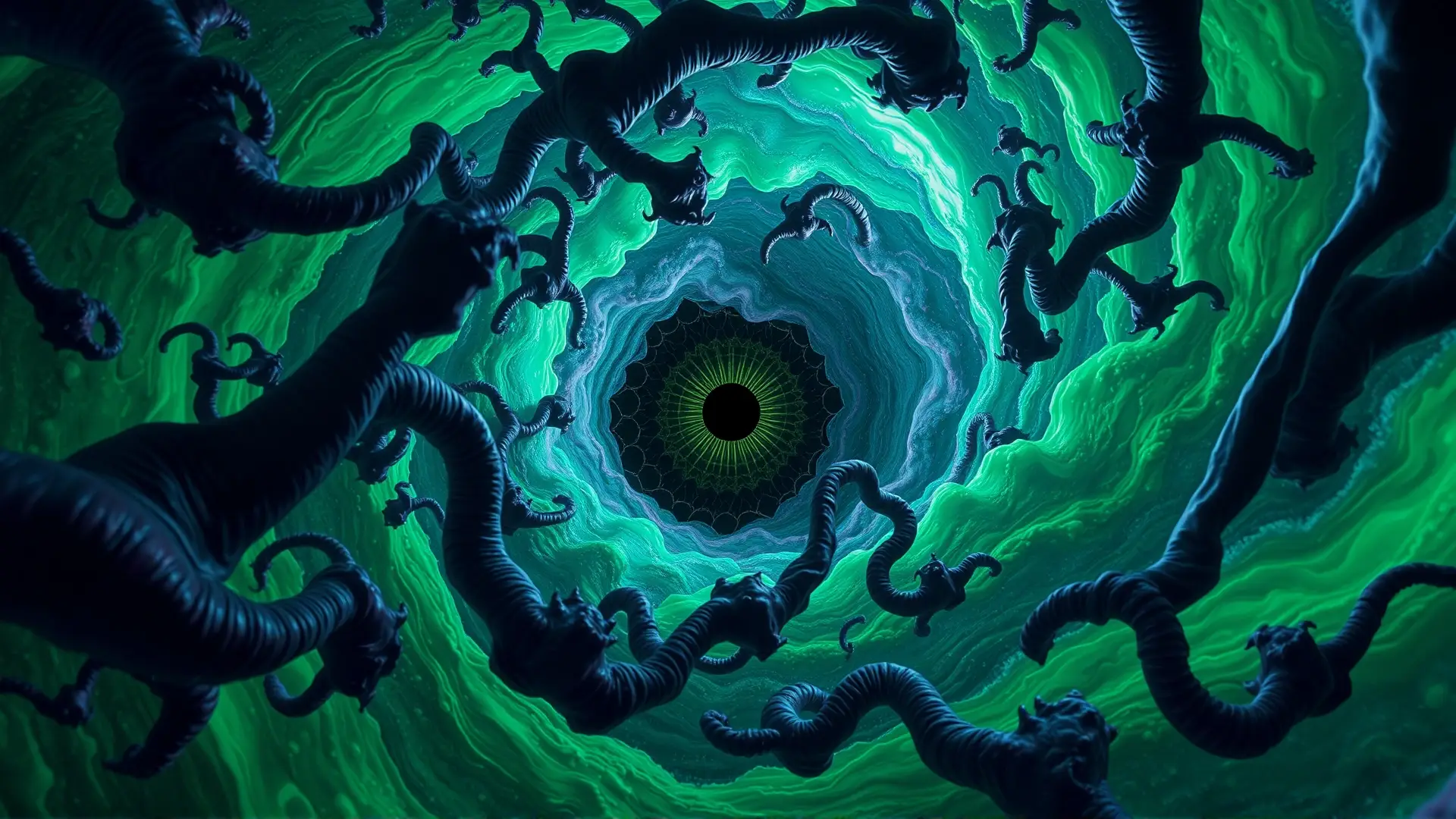 Caos cósmico bioluminiscente gira alrededor de un ojo