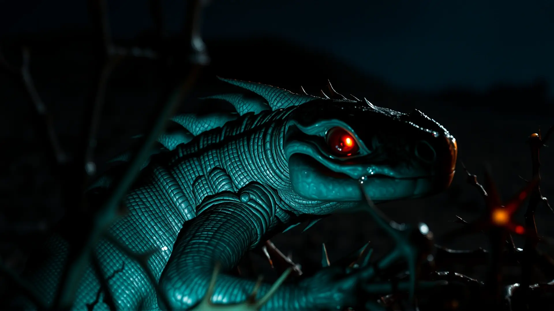 Chupacabras reptiliano y bioluminiscente en la oscuridad