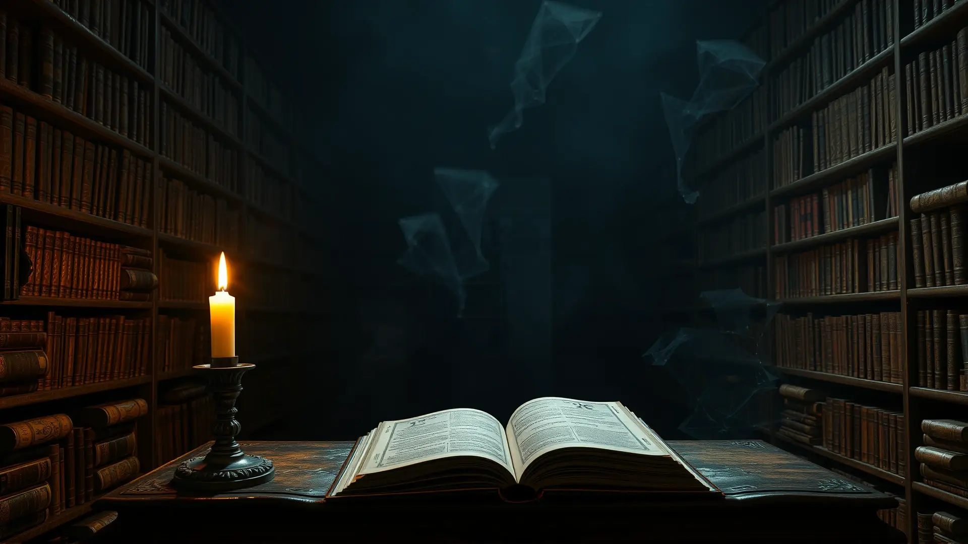 Biblioteca gótica antigua, misteriosa e iluminada tenuemente