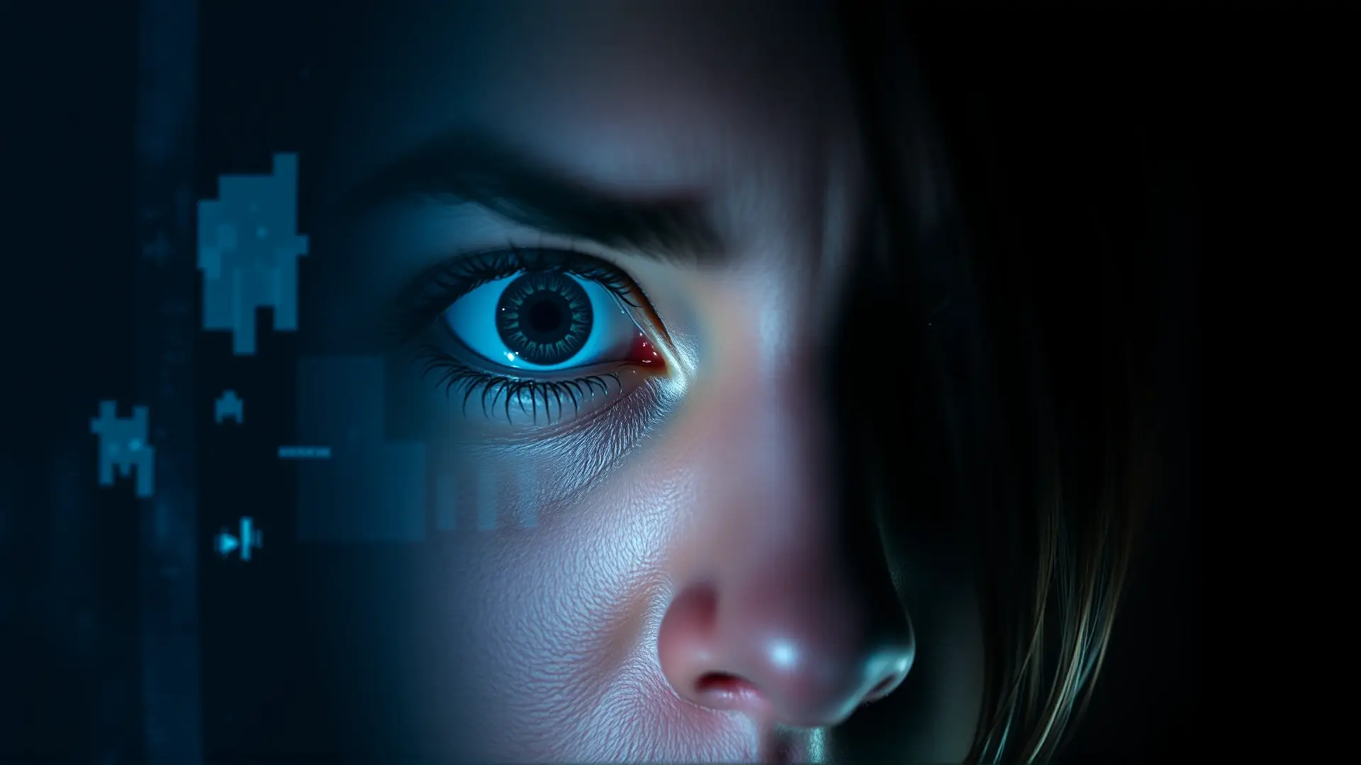 Miedo digital reflejado en ojos aterrorizados