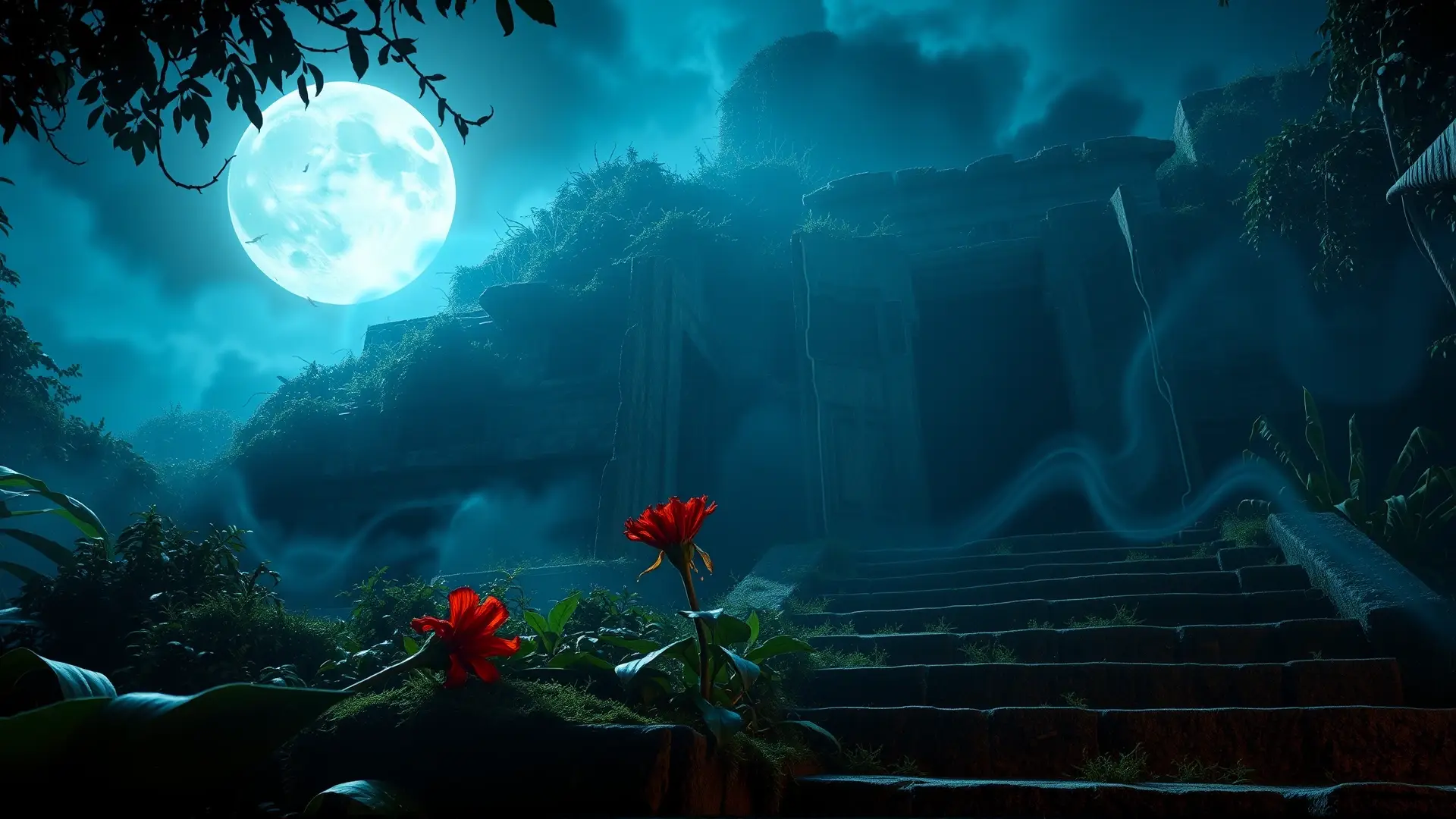 Templo azteca en ruinas, misterio lunar y belleza