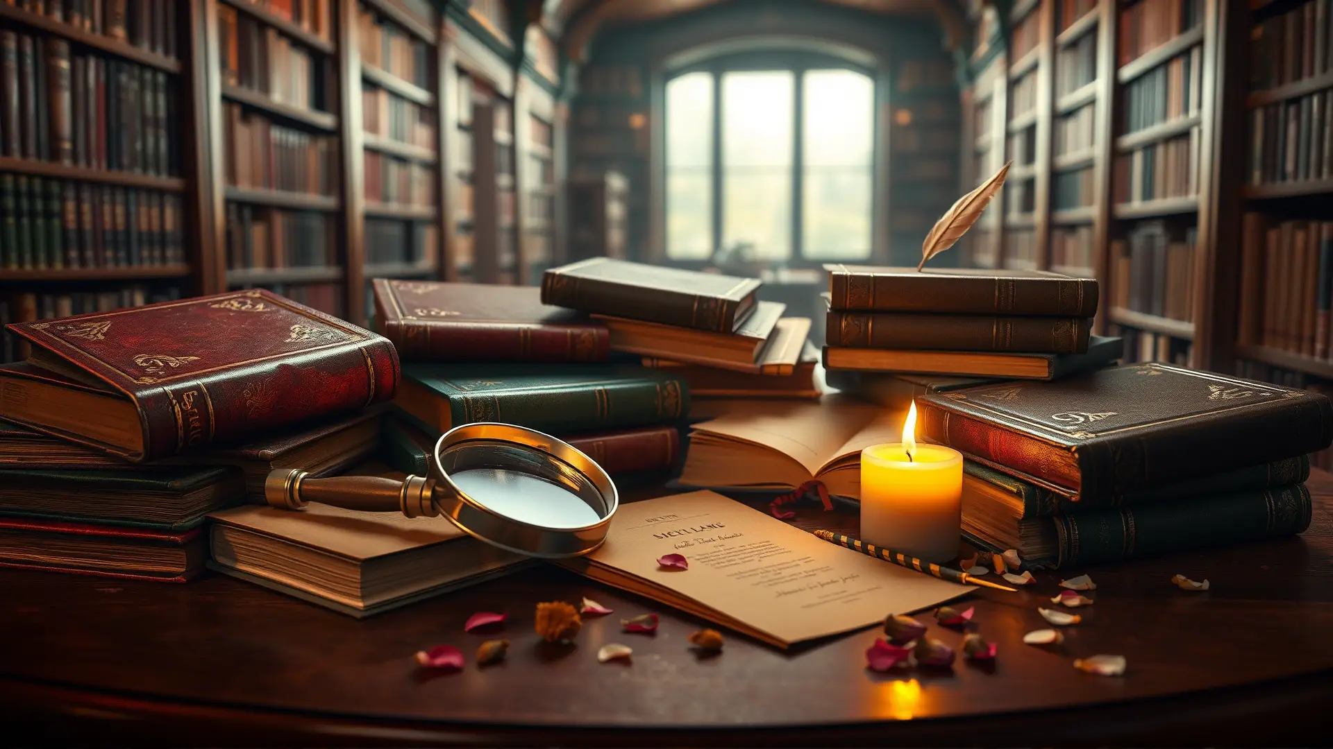 Libros antiguos y objetos brillan cálidamente