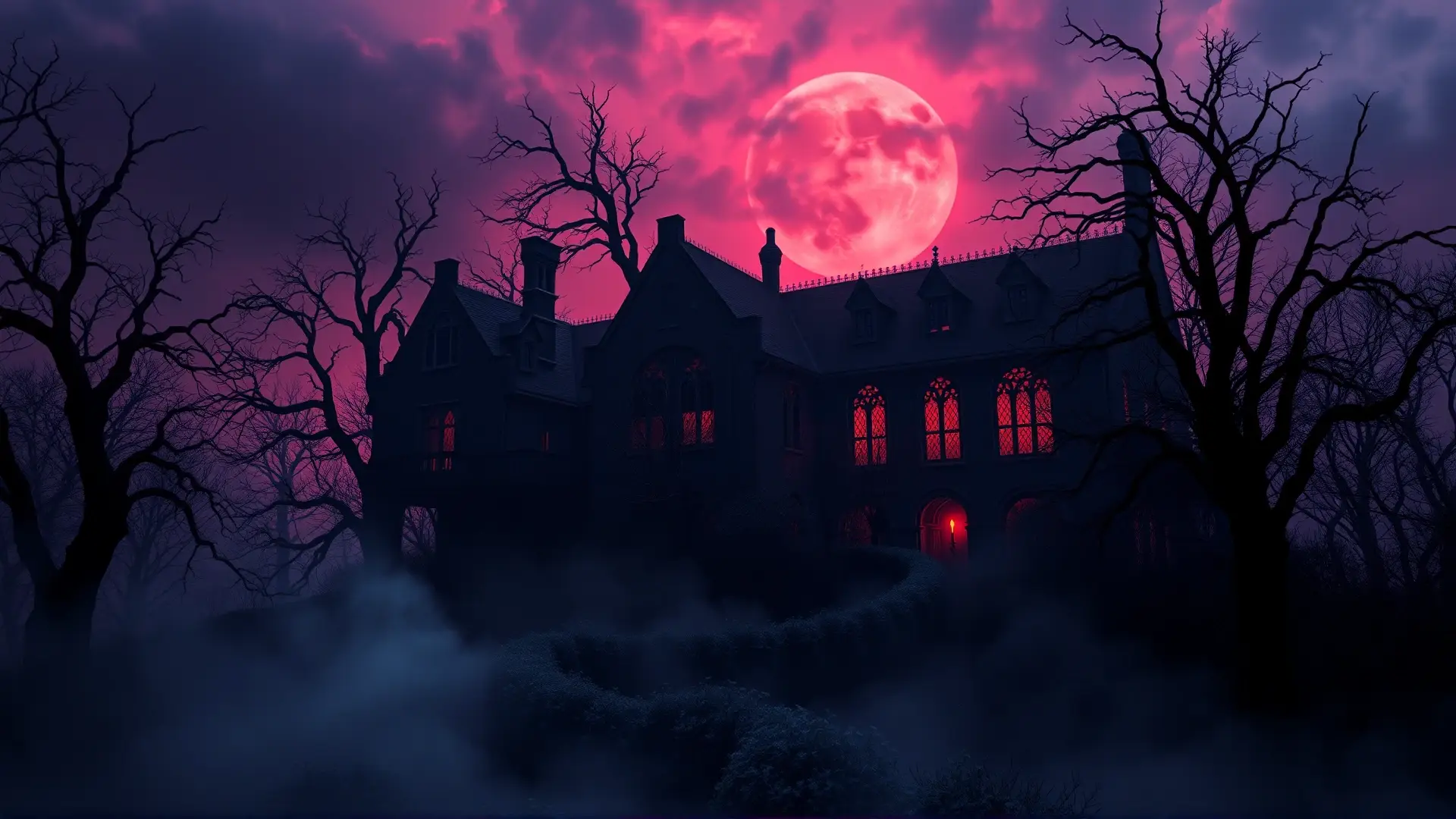 Misteriosa mansión gótica bajo luna sangrienta