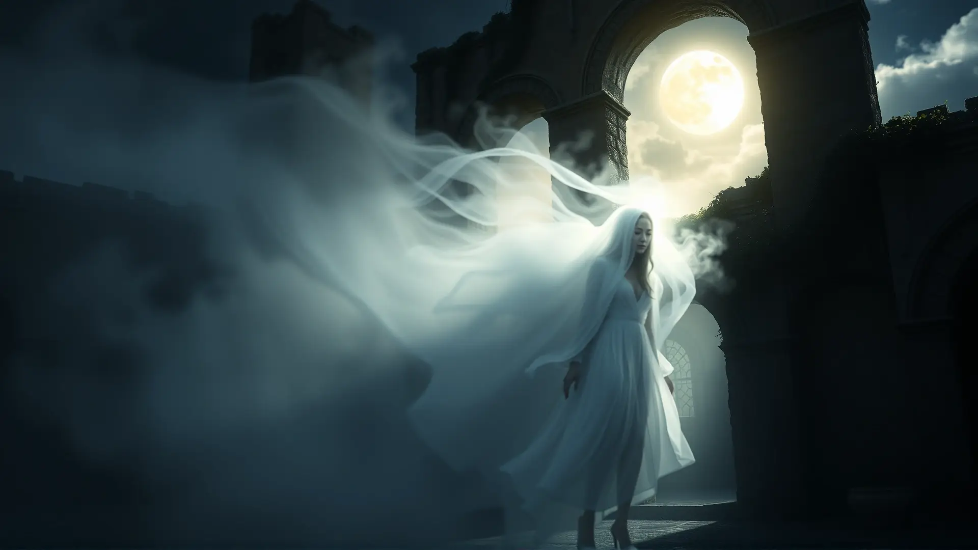 Aparición espectral en ruinas coloniales al anochecer