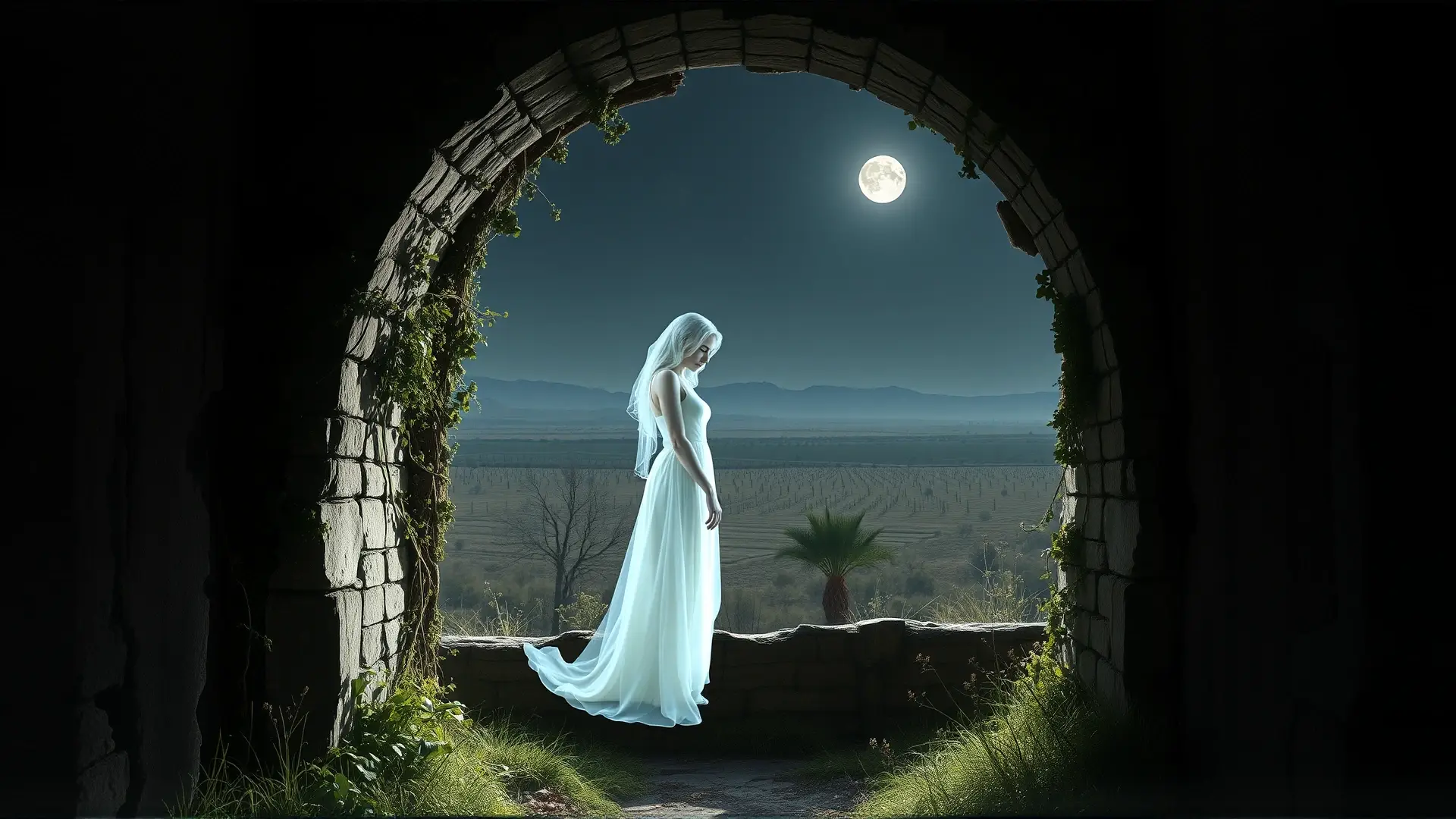 Fantasma femenina melancólica en ruinas coloniales