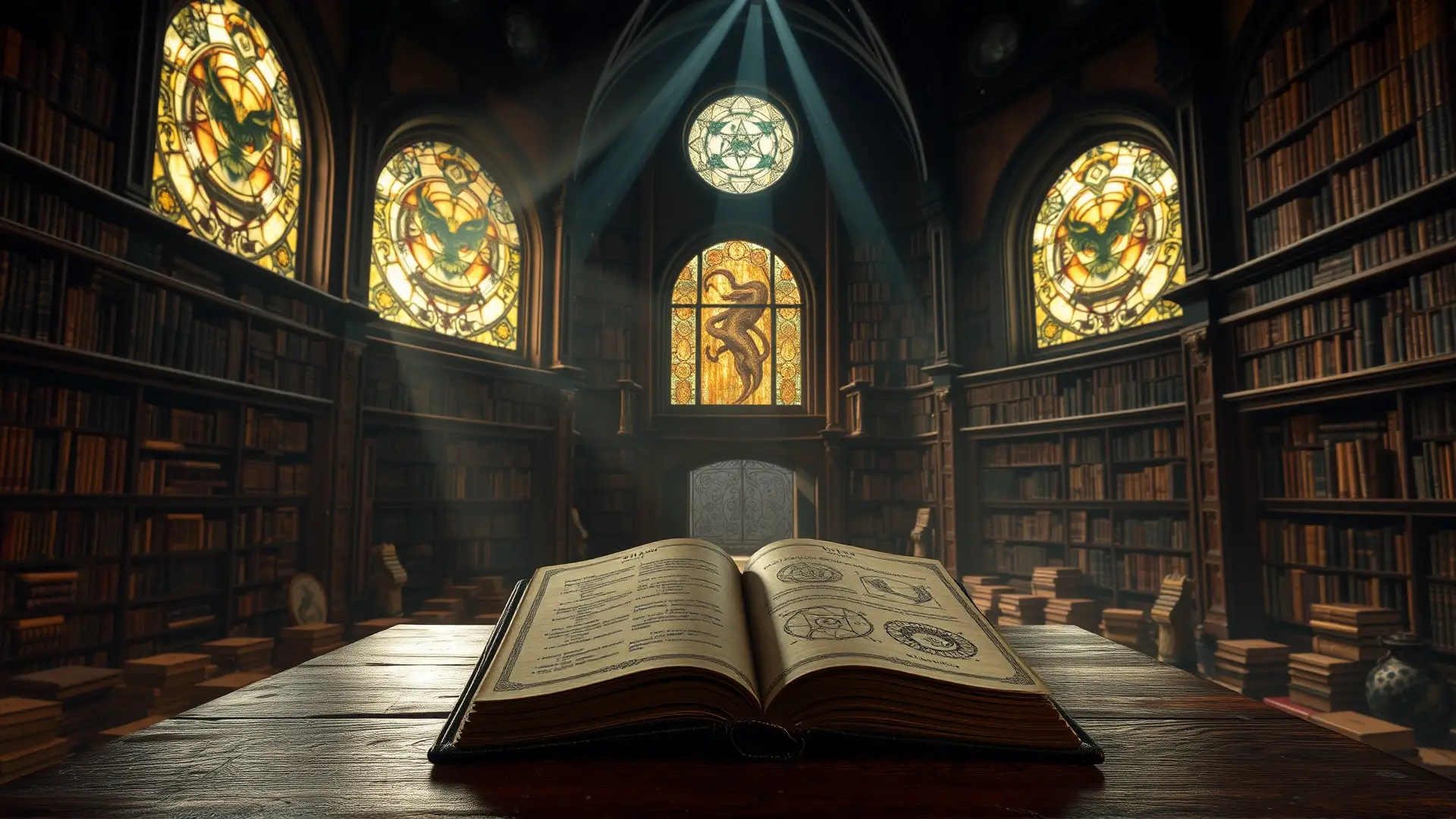 Biblioteca antigua y oscura, conocimiento prohibido