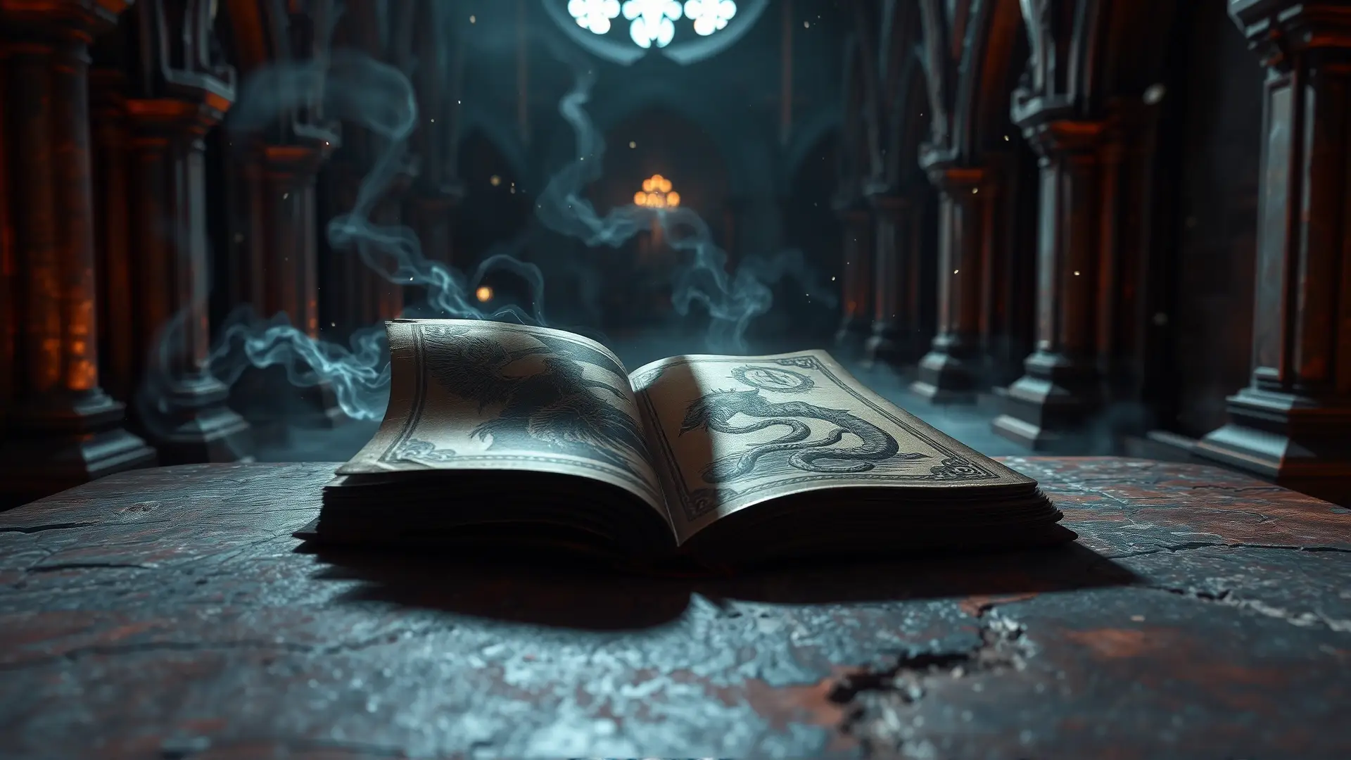 Grimorio demoníaco irradia poder en ruinas góticas
