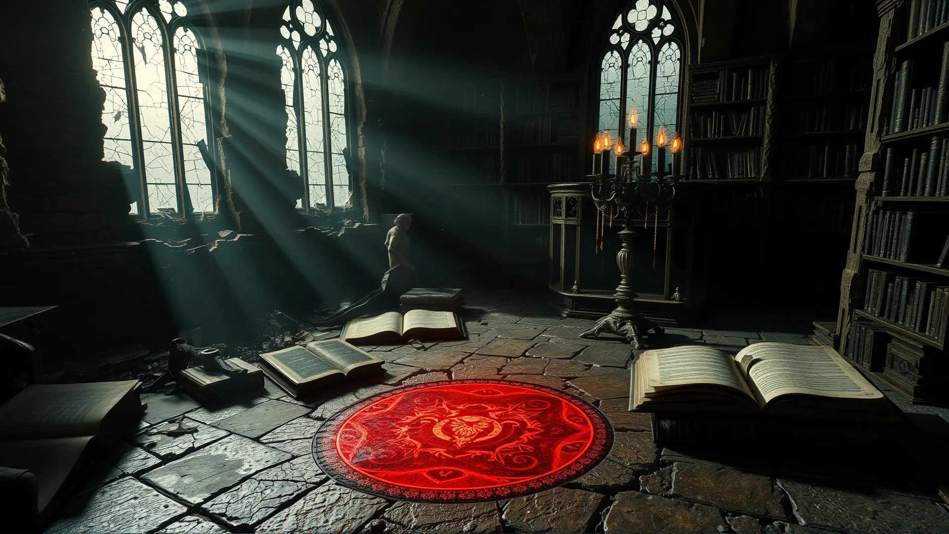 Biblioteca antigua y oscura, conocimiento prohibido