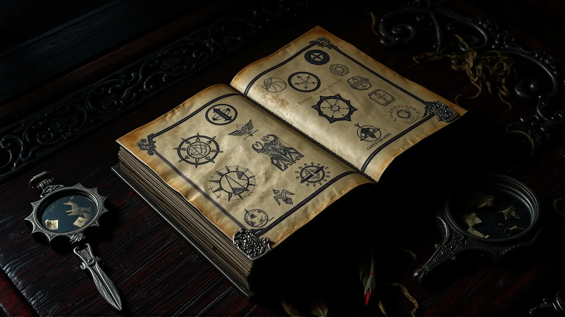 Grimorio antiguo y oculto, atmósfera sombría