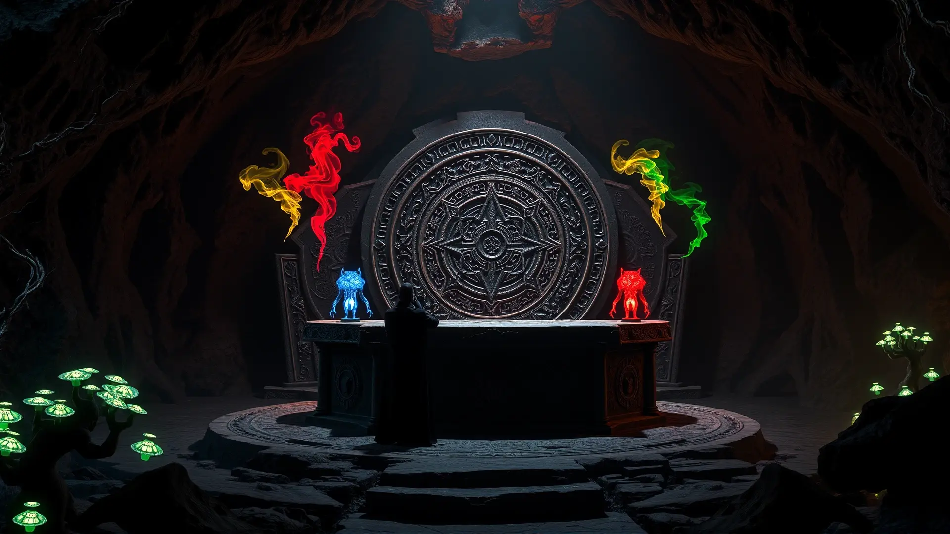 Altar infernal rodeado de figuras sombrías