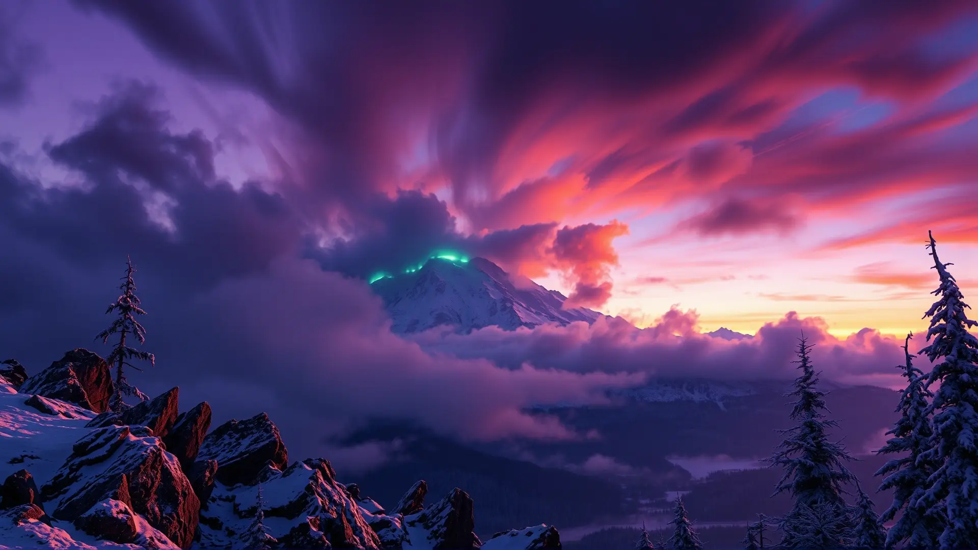 Imponente Rainier tormentoso bajo aurora boreal