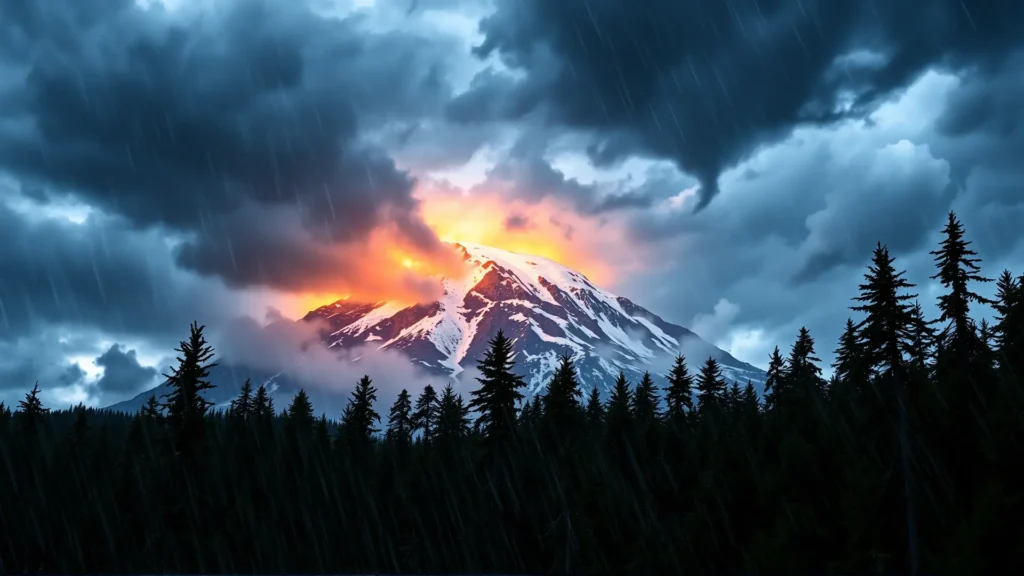 Majestuoso Rainier bajo tormenta implacable y furiosa