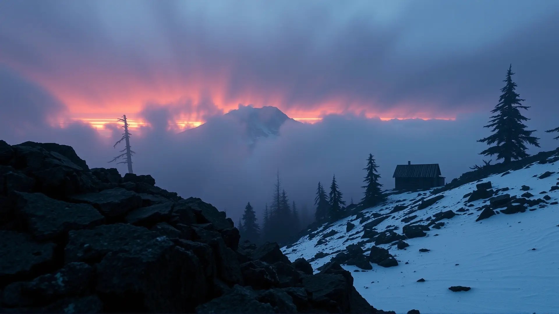 Paisaje desolado y sombrío del Monte Rainier