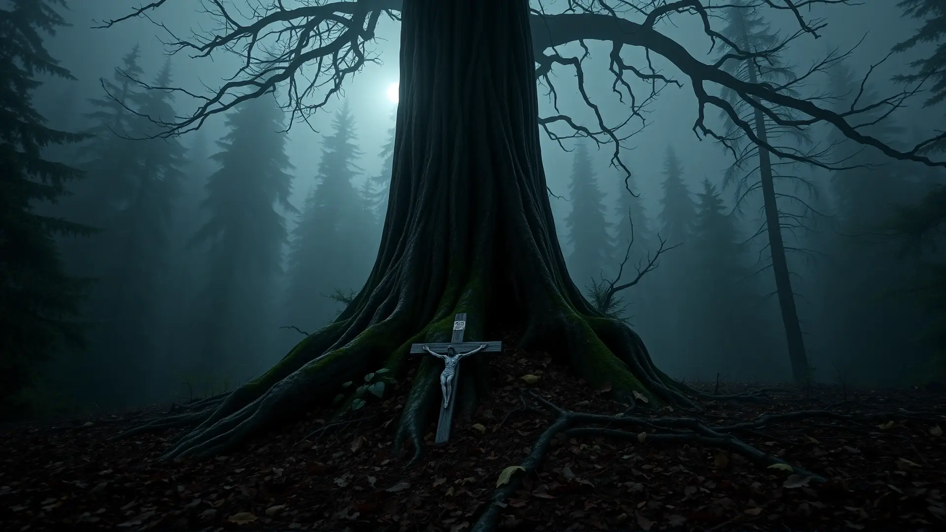 Bosque otoñal inquietante con presencia oculta