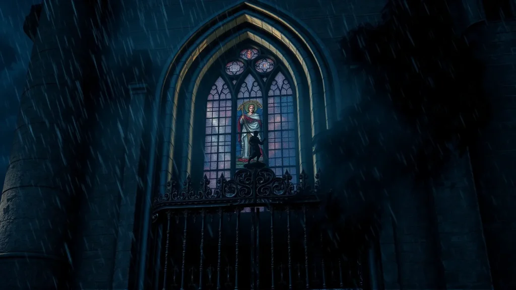 Una iglesia antigua y amenazante bajo la niebla