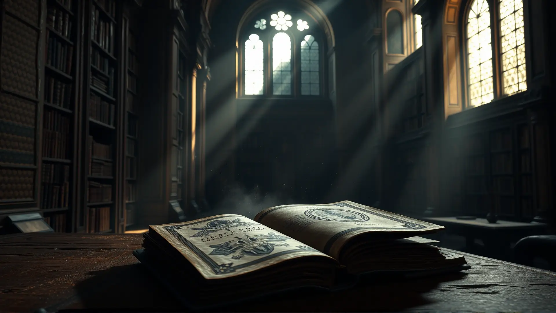 Una biblioteca vaticana antigua, oscura y siniestra