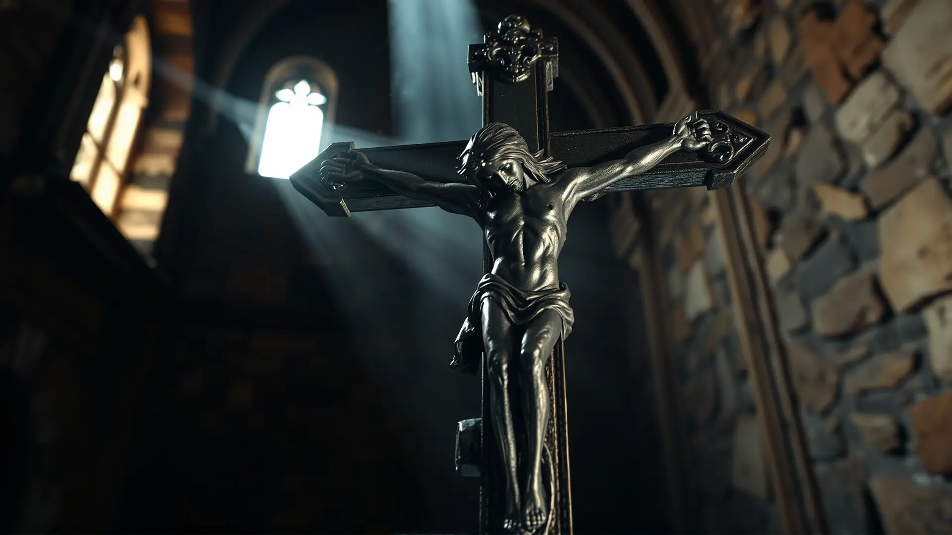 Crucifijo antiguo en catedral gótica sombría