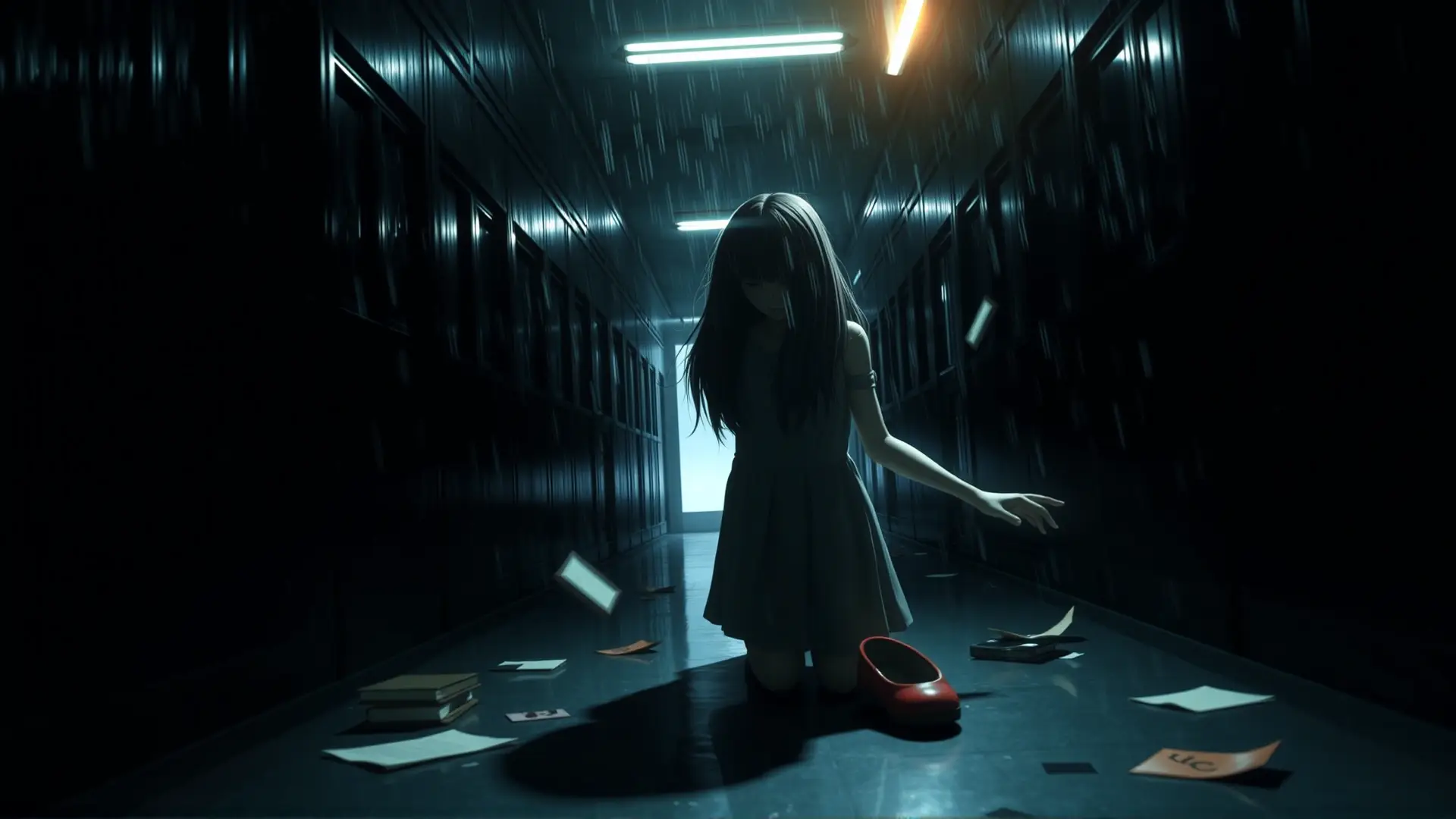 Fantasma escolar aterrorizante en pasillo oscuro