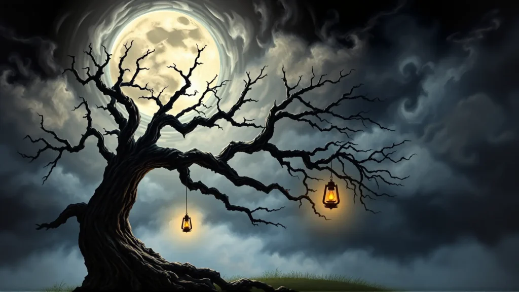 Roble amenazante bajo cielo tormentoso y oscuro