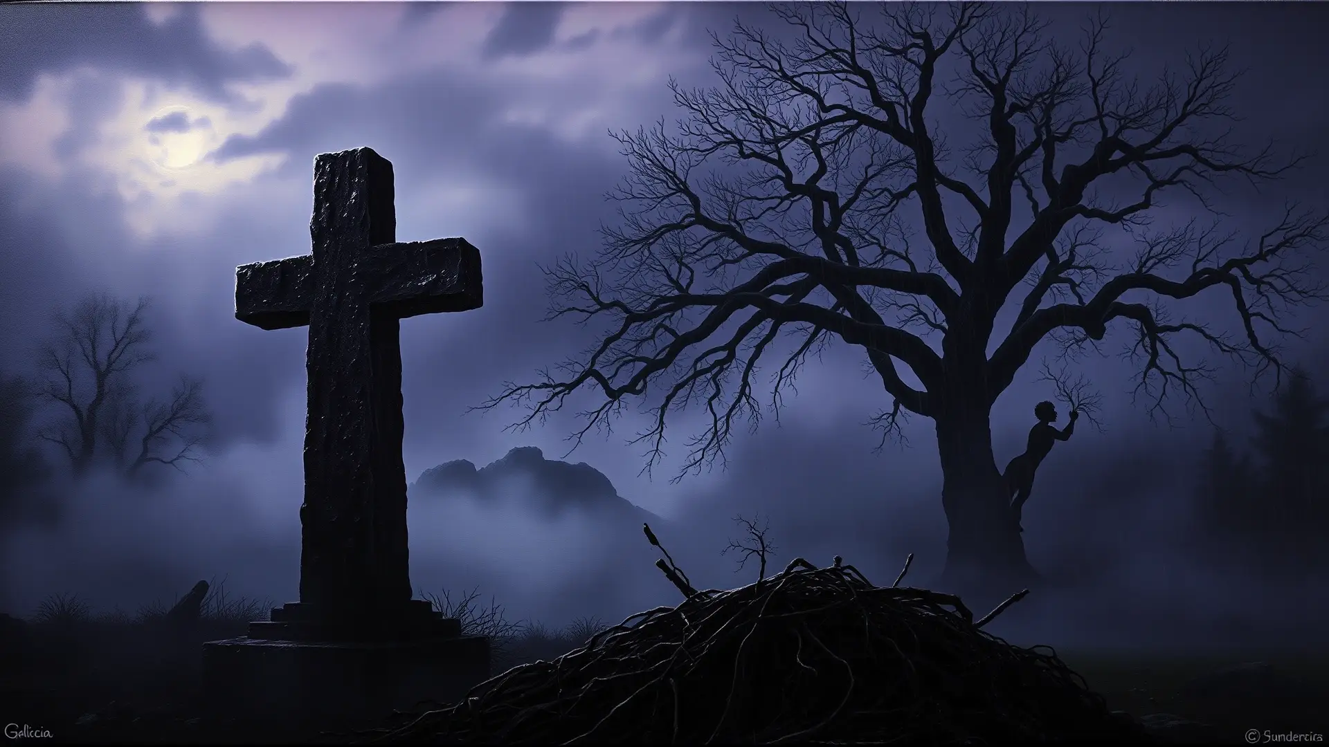 Cruz antigua en Galicia, ambiente sombrío y fúnebre