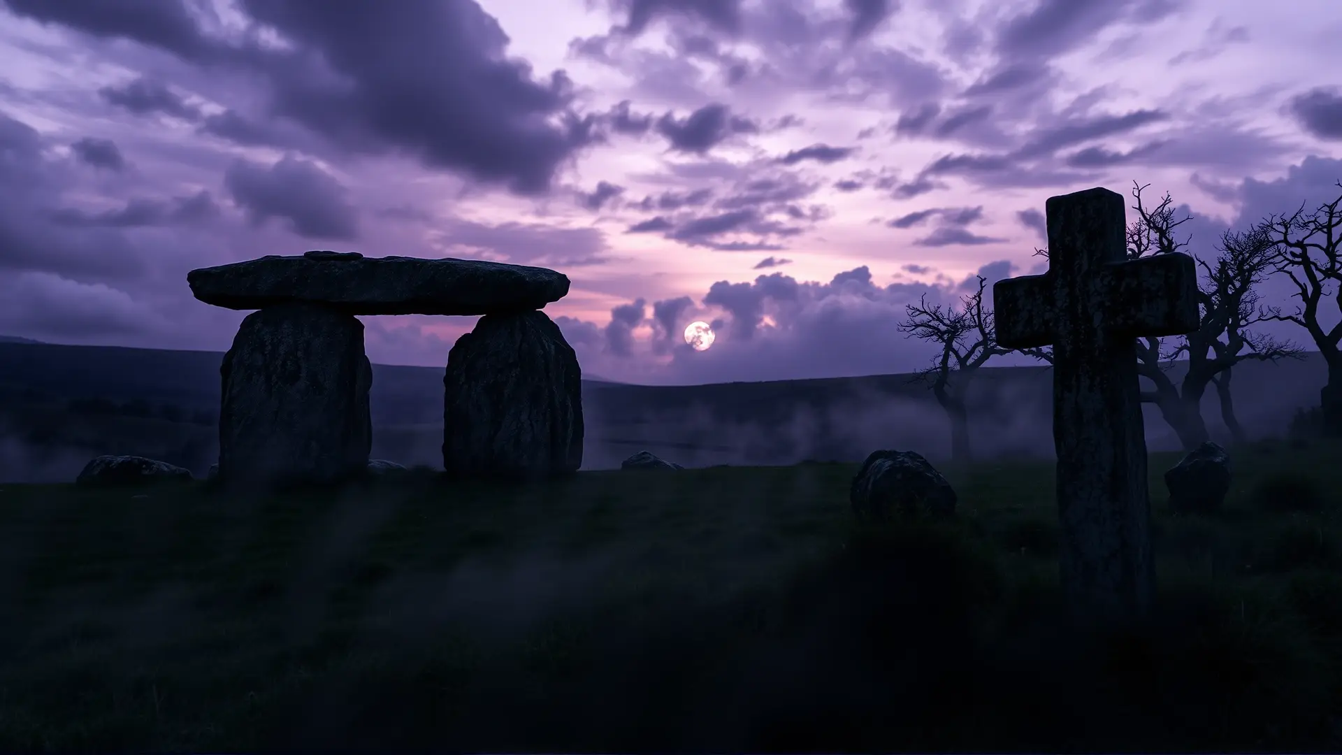 Dolmen gallego sombrío bajo cielo tormentoso