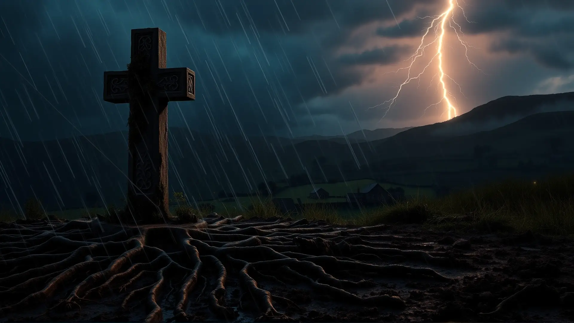 Una cruz celta solitaria en tormenta gallega