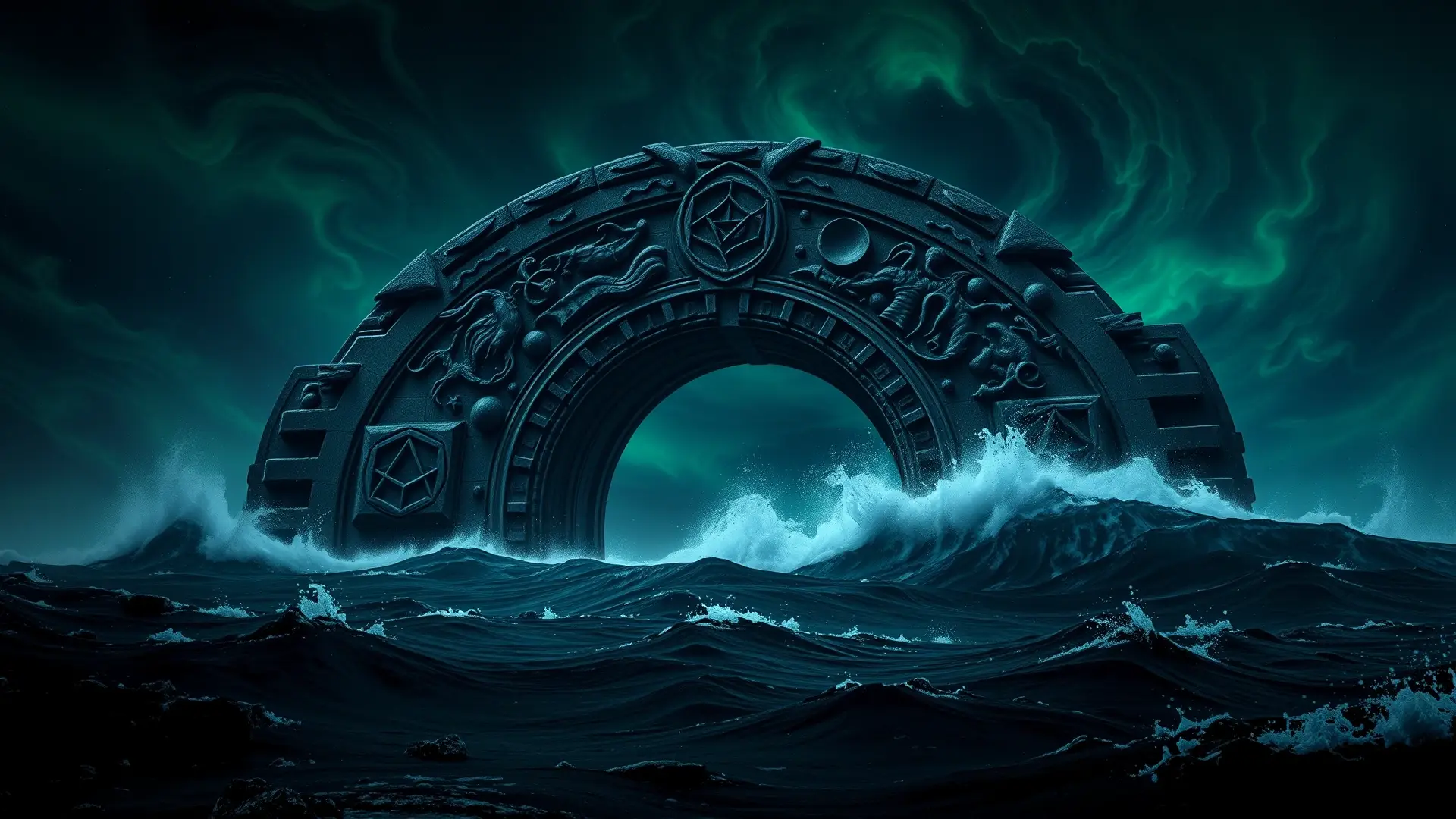 Un arco antiguo emerge de un mar oscuro