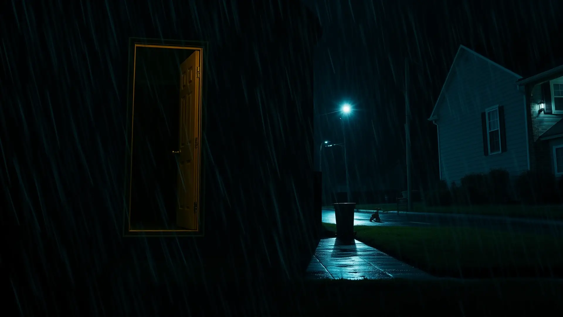 Una escena nocturna inquietante, lluviosa y tensa