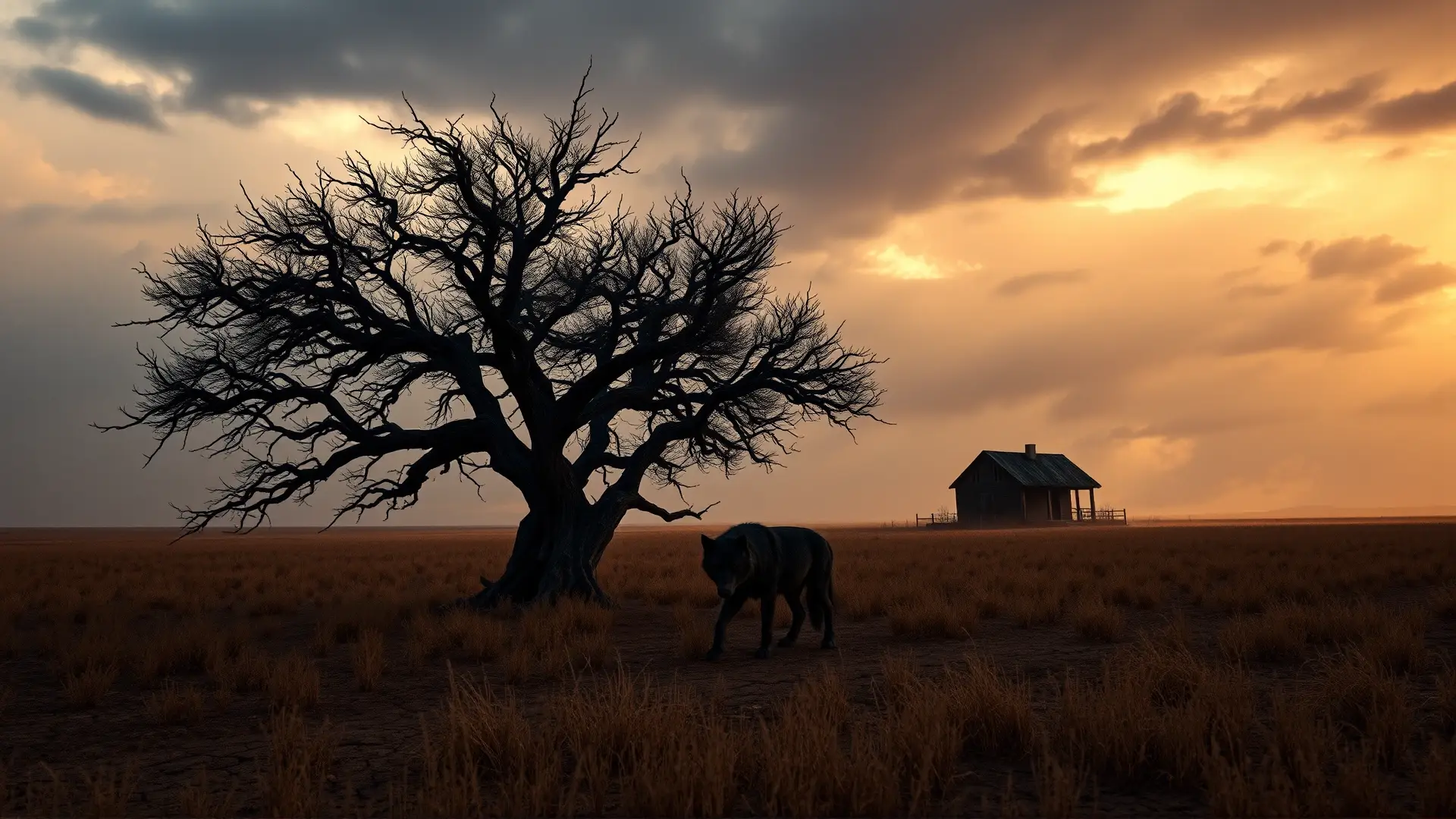 Pampa crepuscular con árbol, lobo y estancia