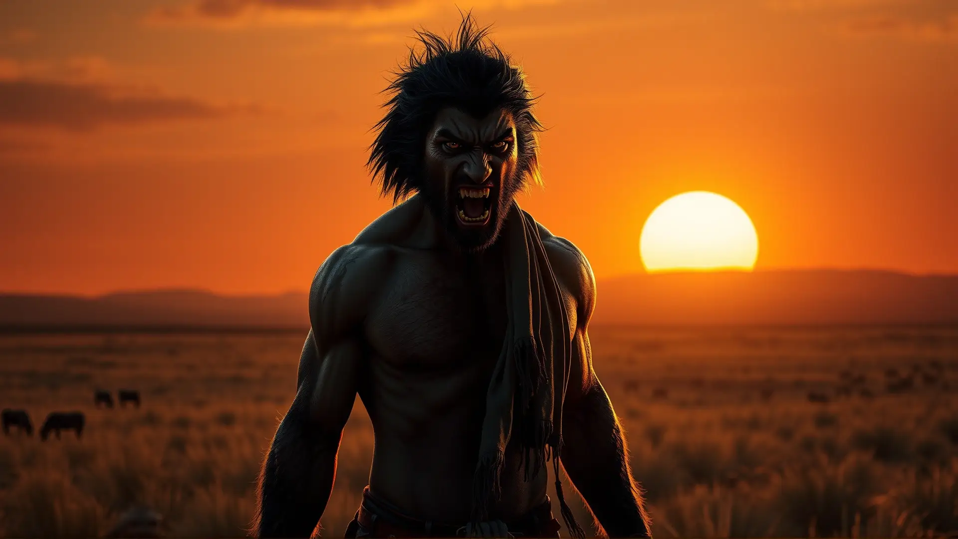 Hombre se transforma en lobo al atardecer