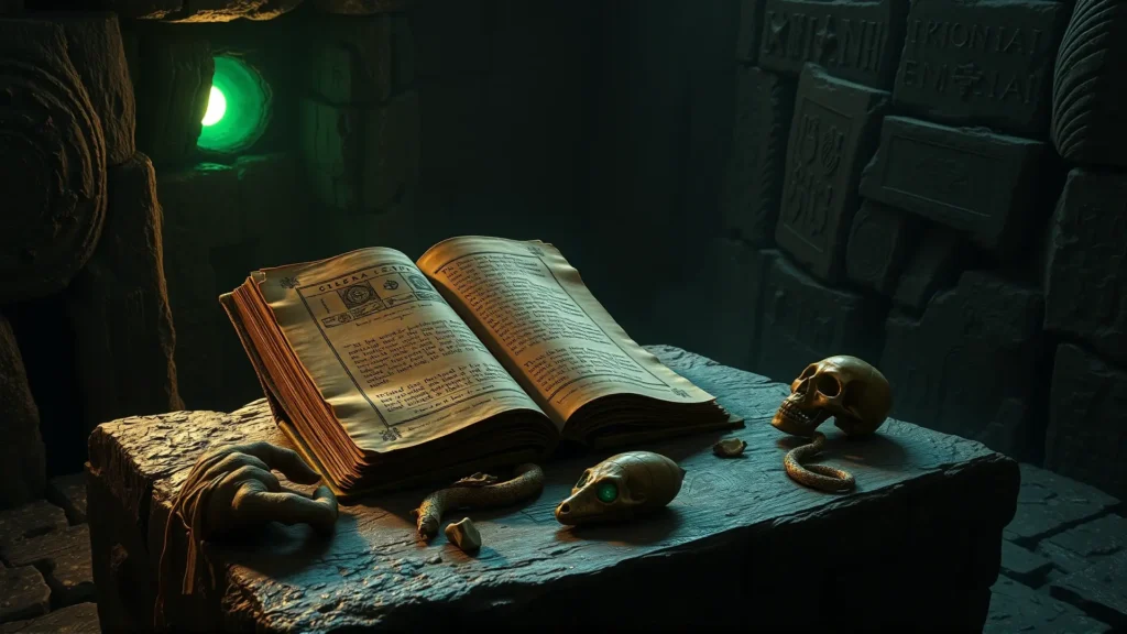 Libro arcano yace en altar ominoso