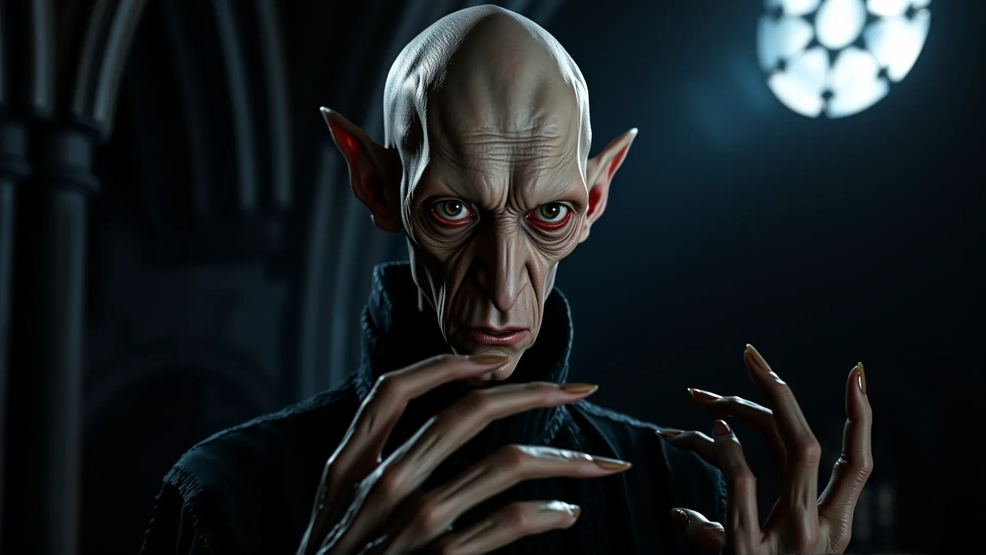 Orlok, pálido y siniestro, en tenebrosa catedral