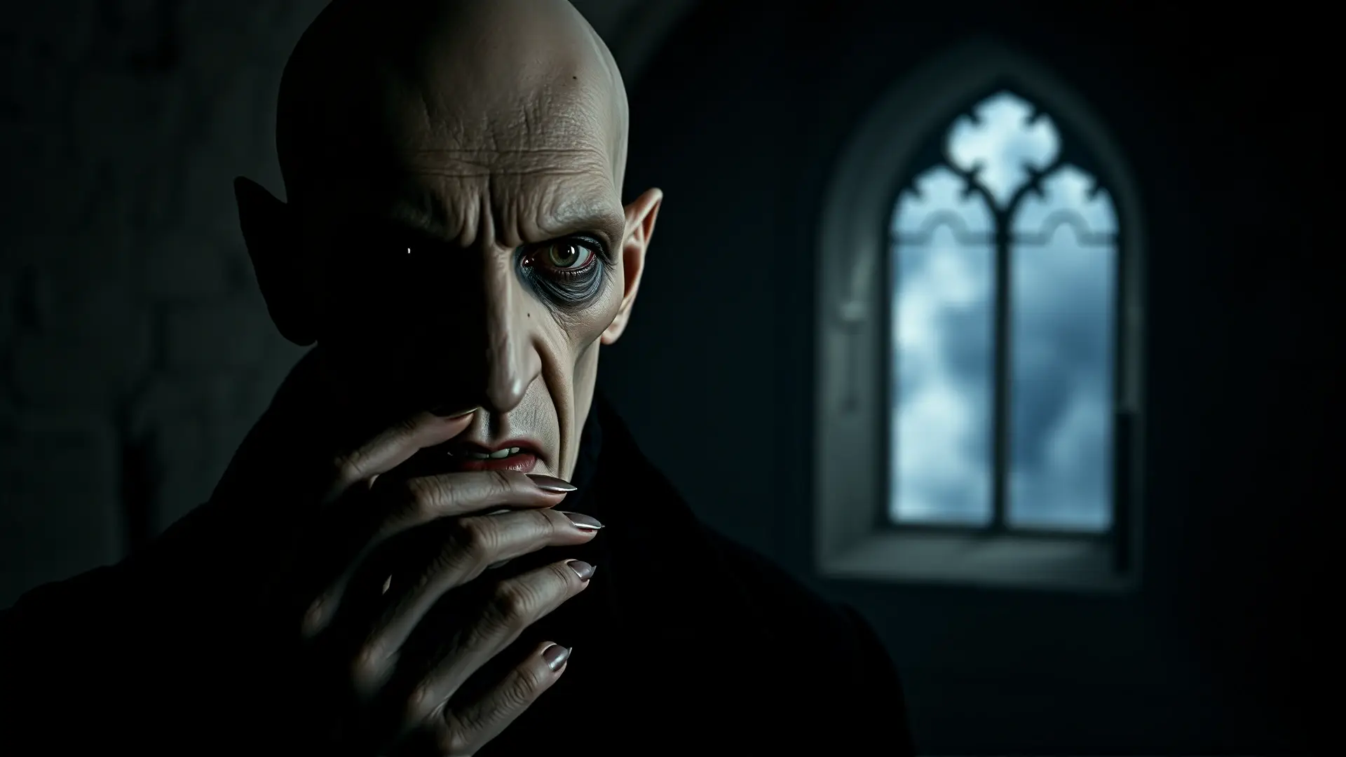 Orlok, pálido y amenazante en la oscuridad