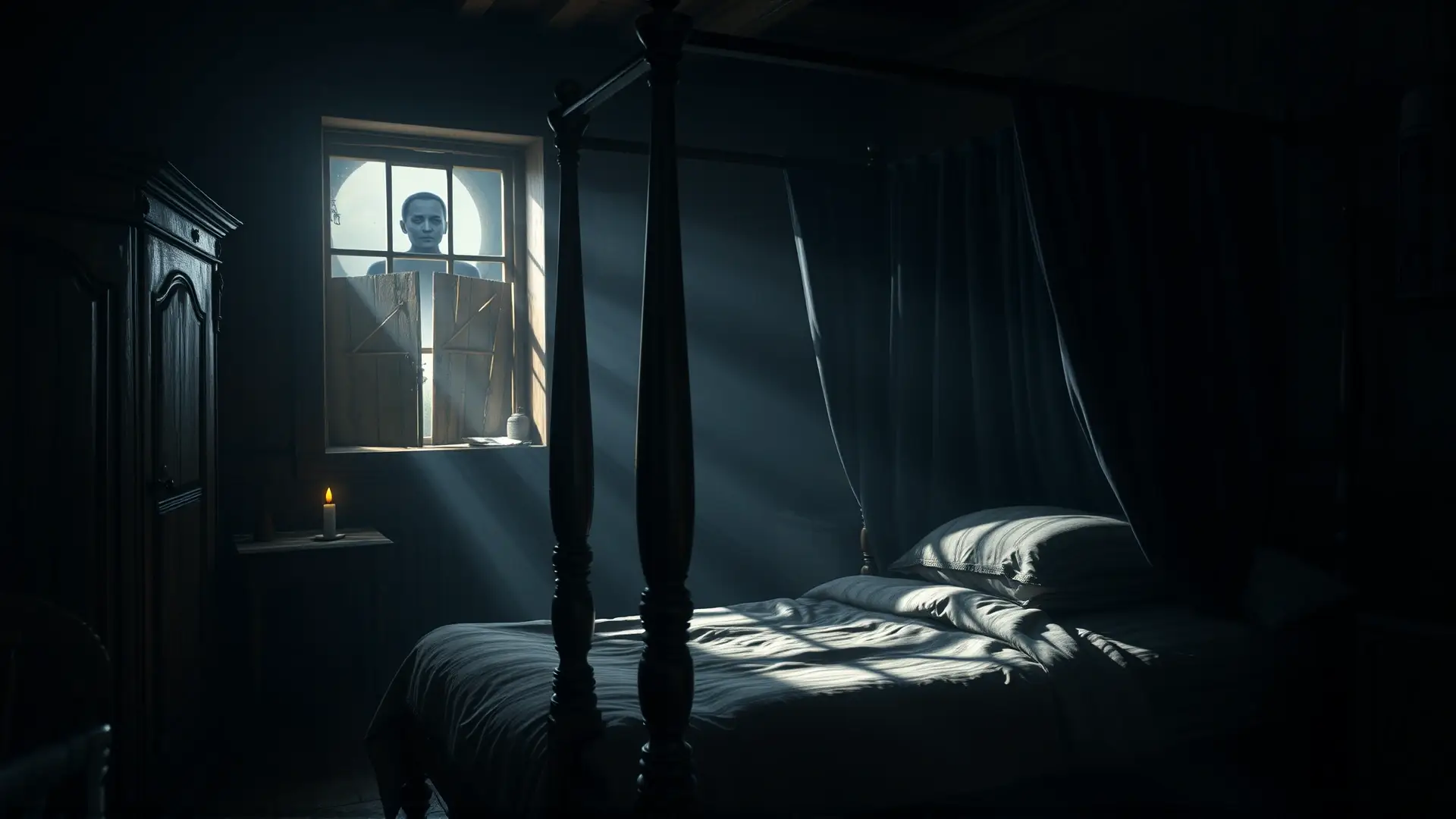 Dormitorio antiguo y oscuro, presencia inquietante