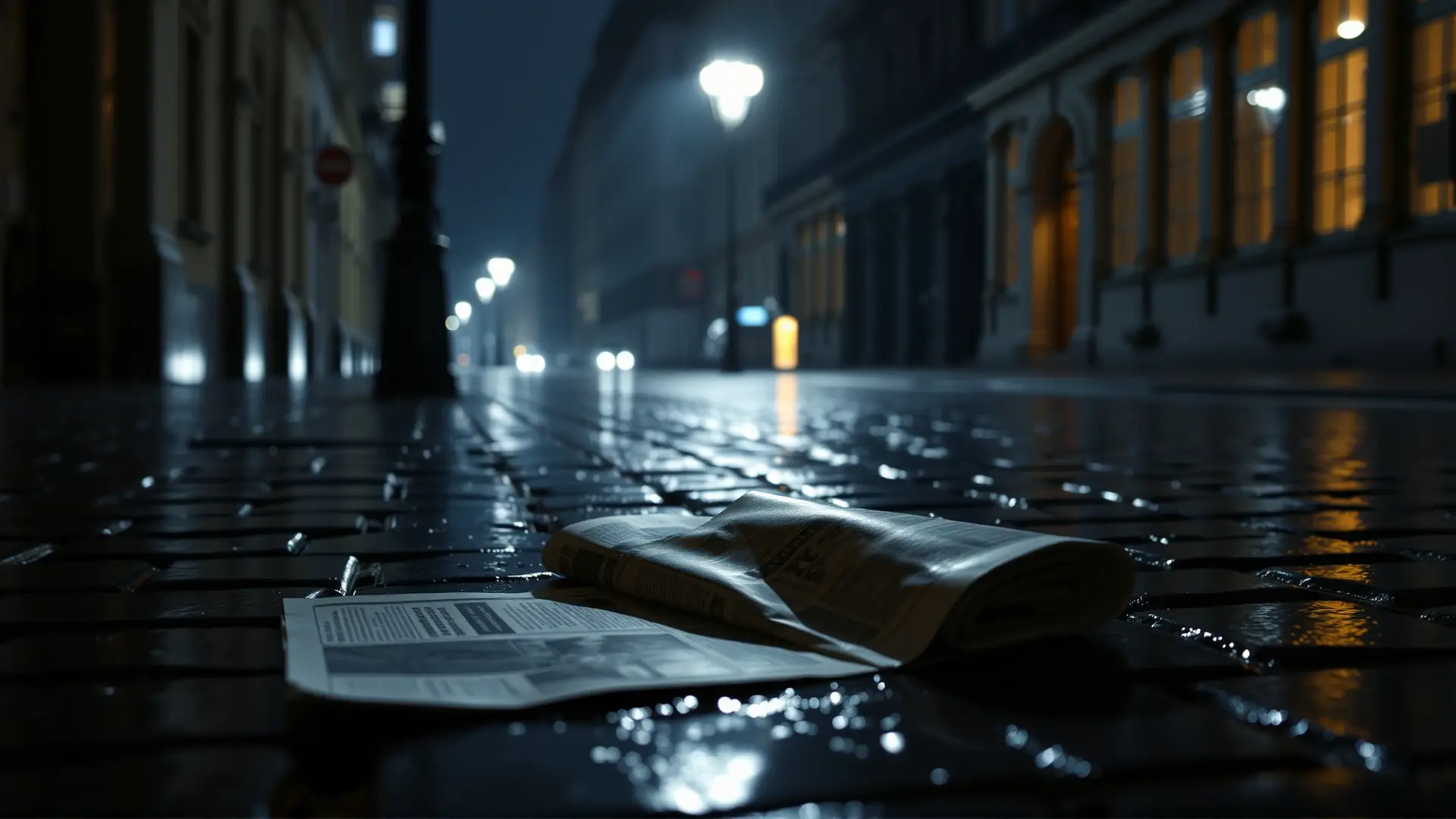 Calle adoquinada, lluvia, farola y misterio