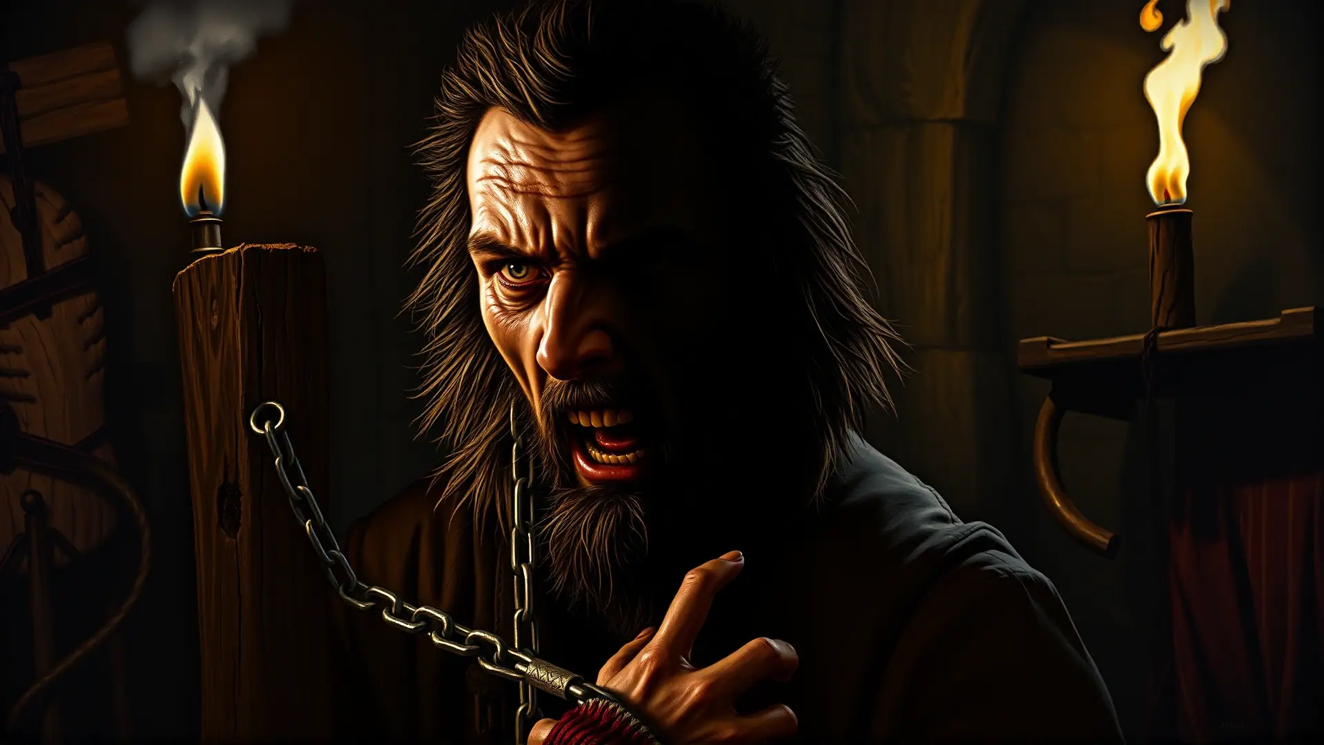 Hombre licántropo encadenado sufre en oscuridad