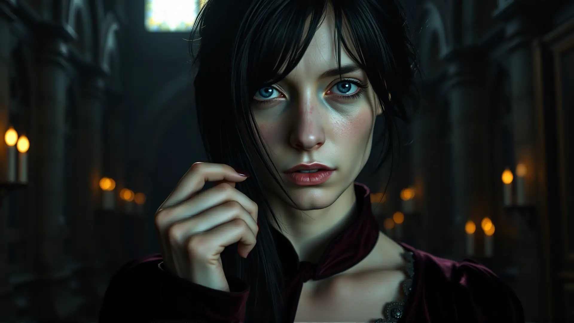 Mujer pálida y melancólica en decadencia gótica