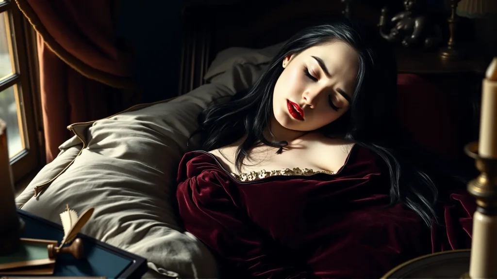 Joven enferma yace melancólica en alcoba barroca