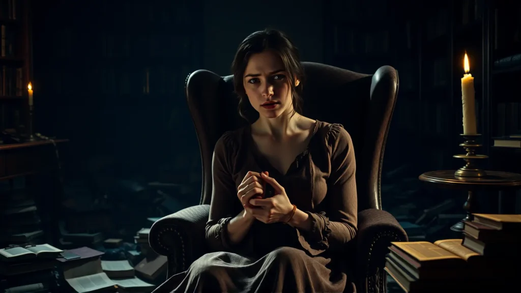 Una joven angustiada en un estudio decadente