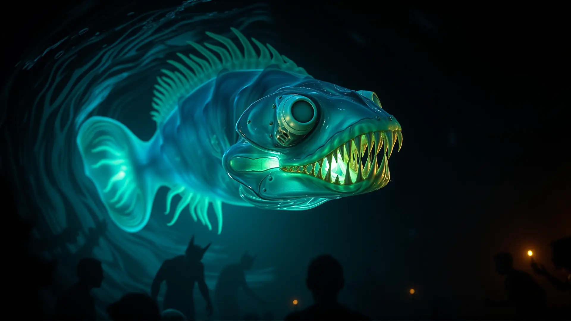 Horror cósmico abisal revela figura humanoide bioluminiscente