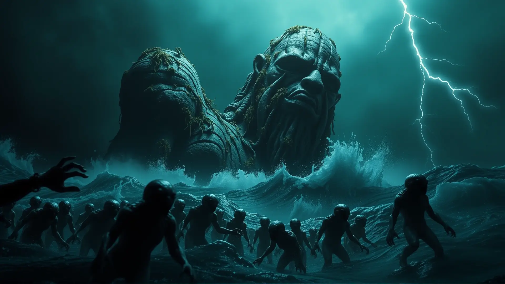 Dagón emerge, adorado por horribles criaturas marinas