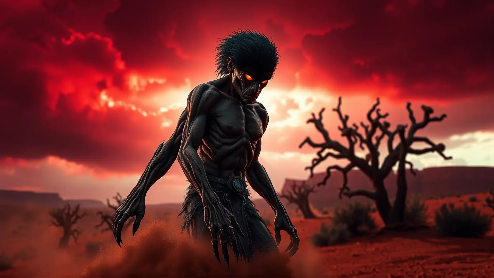 Un skinwalker Navajo se transforma bajo una tormenta