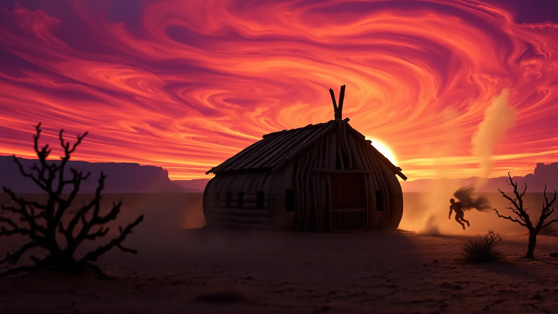 Hogan navajo antiguo bajo un crepúsculo misterioso