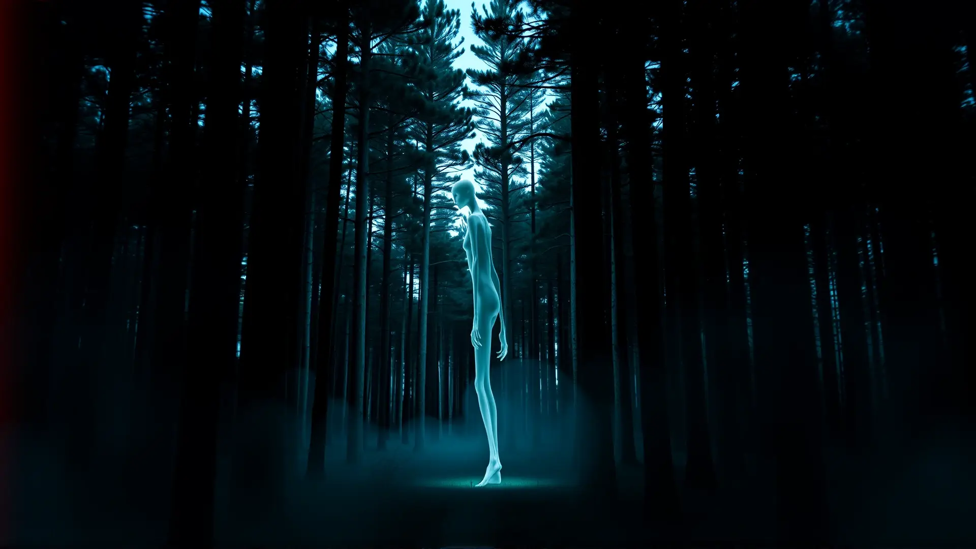Slender Man inquietante en bosque brumoso