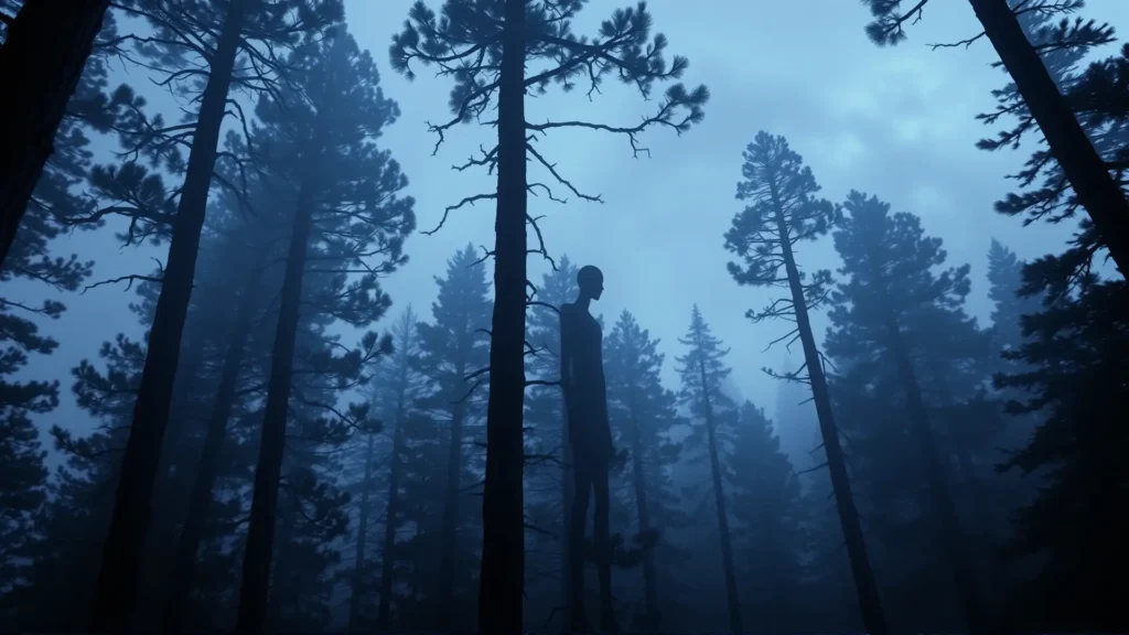 Slender Man acecha en brumoso bosque oscuro
