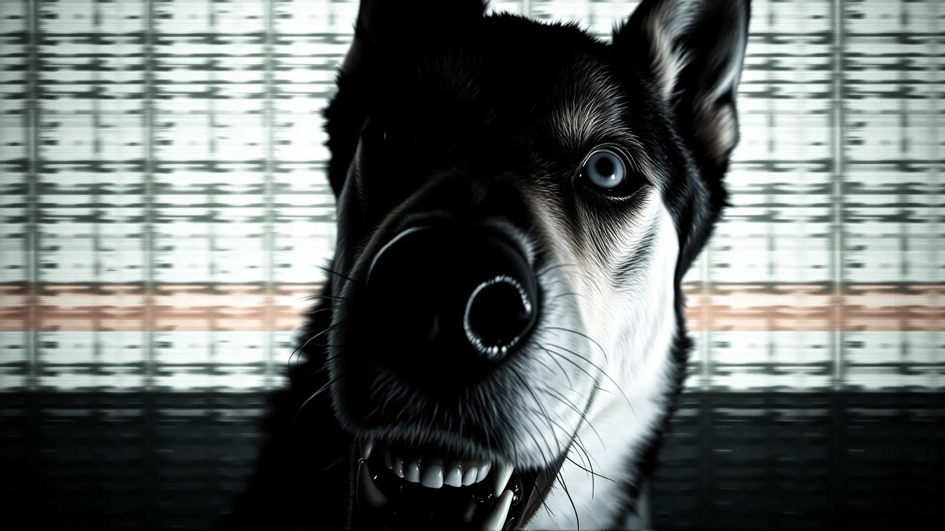 Un perro inquietante mira fijamente, horriblemente detallado