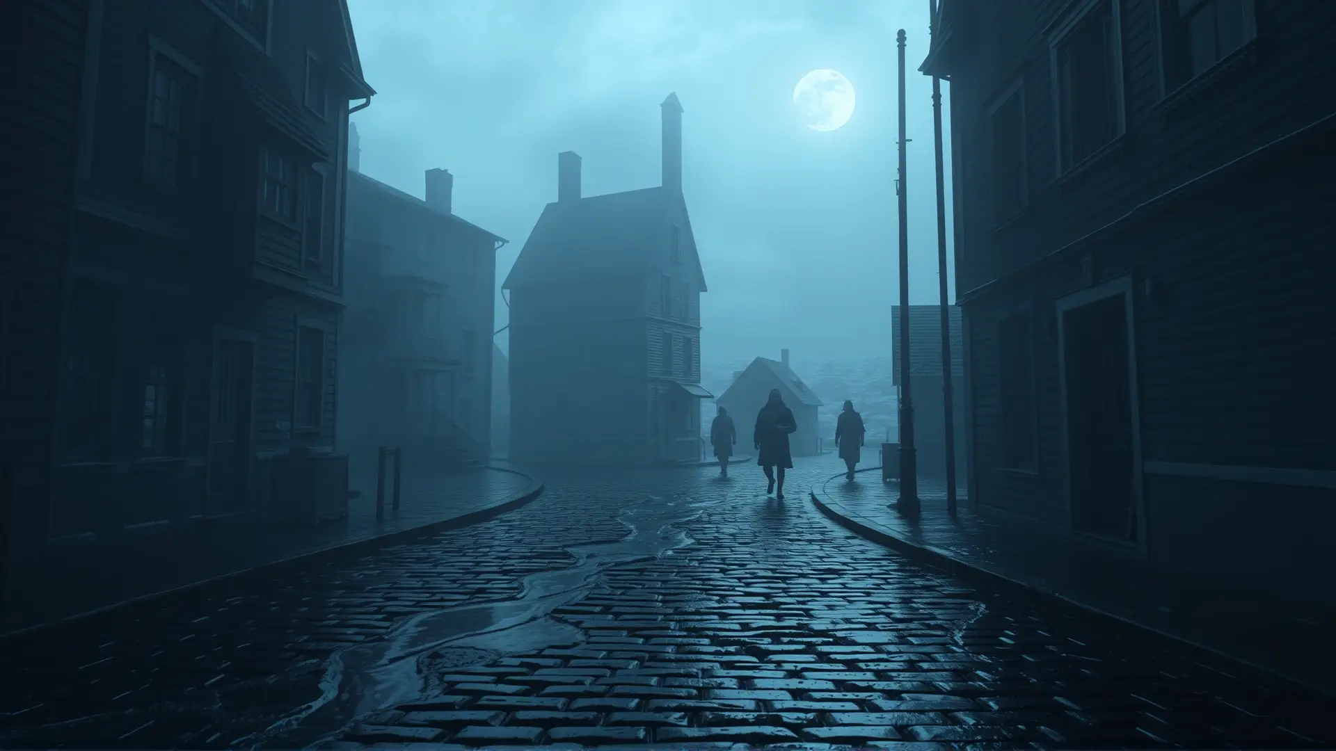 Pueblo costero decadente, niebla, figuras inquietantes, pavor