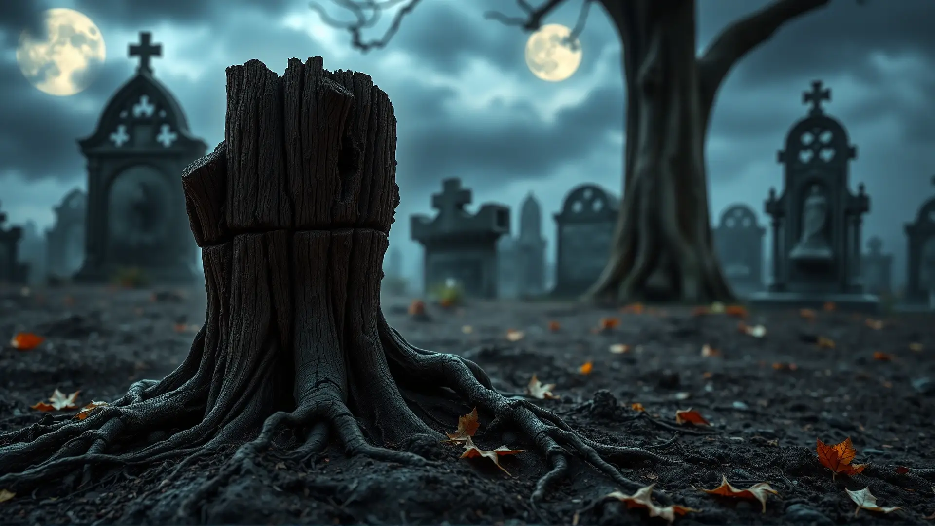 Una estaca antigua sobresale en tumba brumosa