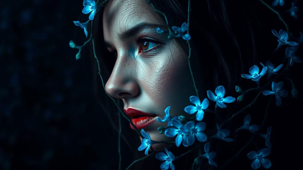 Mujer vulnerable y fuerte entre flores azules
